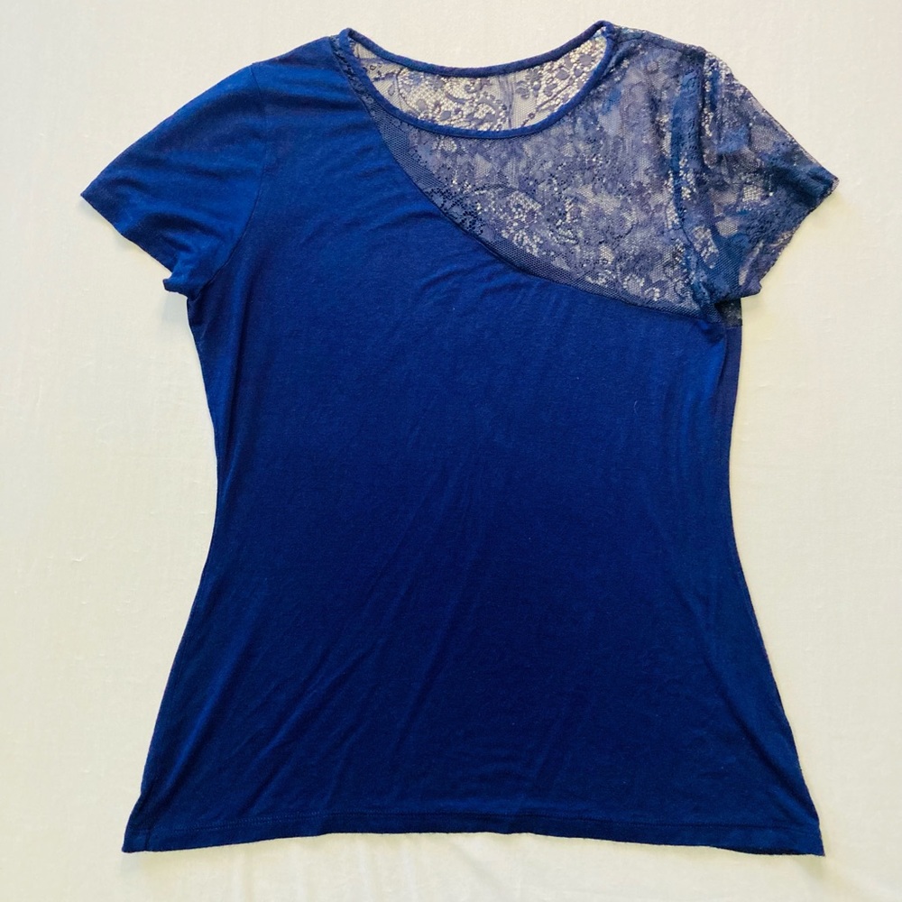 Navy Blue Short Sleeve Tee with Asymmetrical Shoulder Lace Detail by Venus